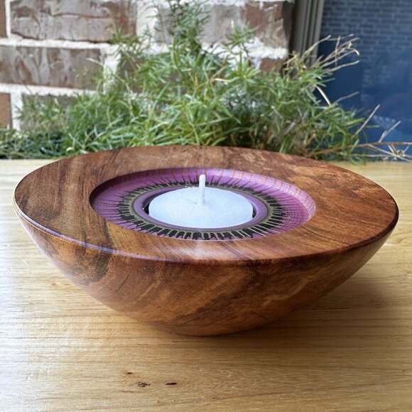 Vintage‎ New Zealand Rimu Wood Tea Light Candle Holder Signed 4.75" Diameter - Picture 2 of 10